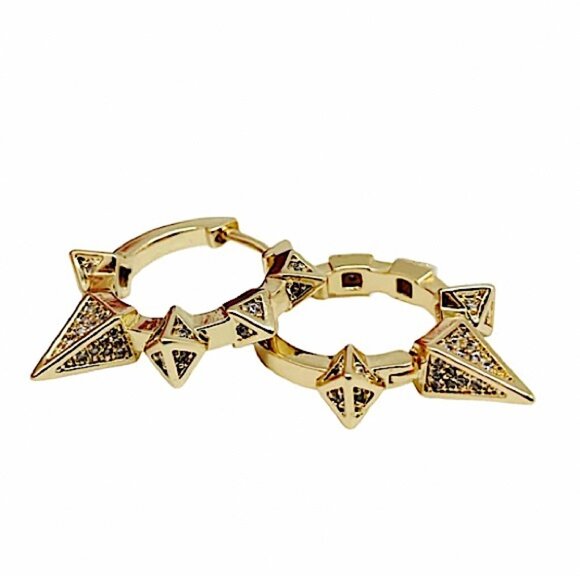 Gold Zircon Spiked Minimalist Earrings, Hoop, Huggie - Picture 6 of 9